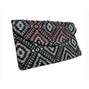 Merona Black White Geometric Woven Beaded Envelope Clutch Bag Tribal Boho